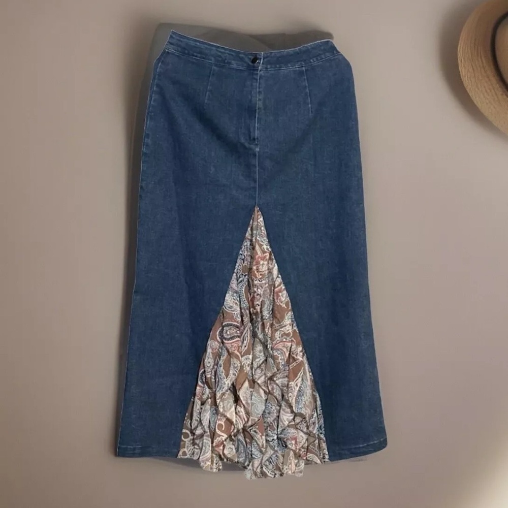 Pyramid Collection Denim Maxi Skirt SZ S Festival Floral Boho Cowgirl Country